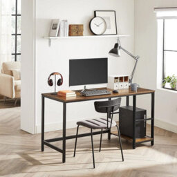 Office Writing Desk, Steel Frame Work Table With 2 Adjustable Shelves, Industrial Style, Rustic Brown And Black - thumbnail 2