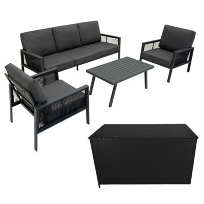 MonsterShop Garden Furniture Set 4Pc Anthracite Grey Aluminium With Rattan Storage Box Black Outdoor 3 Seat Sofa 2 Armchairs Coffee Table - image 1