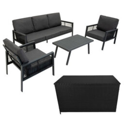 MonsterShop Garden Furniture Set 4Pc Anthracite Grey Aluminium With Rattan Storage Box Black Outdoor 3 Seat Sofa 2 Armchairs Coffee Table