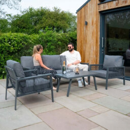 MonsterShop Garden Furniture Set 4Pc Anthracite Grey Aluminium With Rattan Storage Box Black Outdoor 3 Seat Sofa 2 Armchairs Coffee Table - thumbnail 4