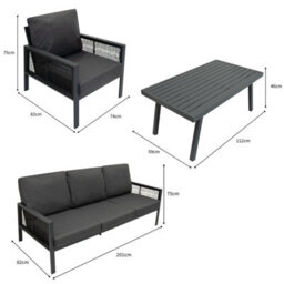 MonsterShop Garden Furniture Set 4Pc Anthracite Grey Aluminium With Rattan Storage Box Black Outdoor 3 Seat Sofa 2 Armchairs Coffee Table - thumbnail 5