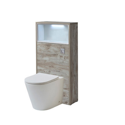 Homestylestore 600mm Light Oak Floorstanding Bathroom Wc Unit Led Lit Shelf Chalk Toilet And Chrome Flush Button - image 1