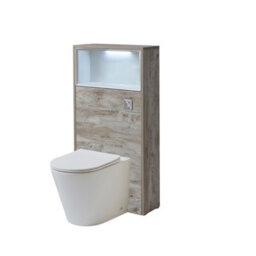 Homestylestore 600mm Light Oak Floorstanding Bathroom Wc Unit Led Lit Shelf Chalk Toilet And Chrome Flush Button - thumbnail 1
