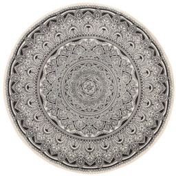 Beliani Round Cotton Area Rug Mandala Pattern 120 Cm Black And Cream Hizan