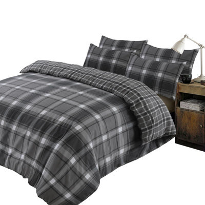 Ohs Aspen 100% Brushed Cotton Duvet Cover With Pillowcase Set, Check Grey - Superking