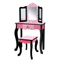 Teamson Kids Play Vanity Table Set, Children's Dressing Table With Mirror & Stool, Leopard Print, Pink/black - thumbnail 1