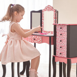 Teamson Kids Play Vanity Table Set, Children's Dressing Table With Mirror & Stool, Leopard Print, Pink/black - thumbnail 2