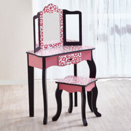Teamson Kids Play Vanity Table Set, Children's Dressing Table With Mirror & Stool, Leopard Print, Pink/black - thumbnail 3