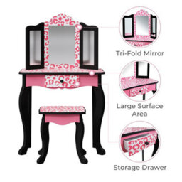 Teamson Kids Play Vanity Table Set, Children's Dressing Table With Mirror & Stool, Leopard Print, Pink/black - thumbnail 8