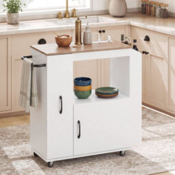 Kitchen Trolley On Wheels, Rolling Kitchen Island Cart With Power Outlet White - thumbnail 6