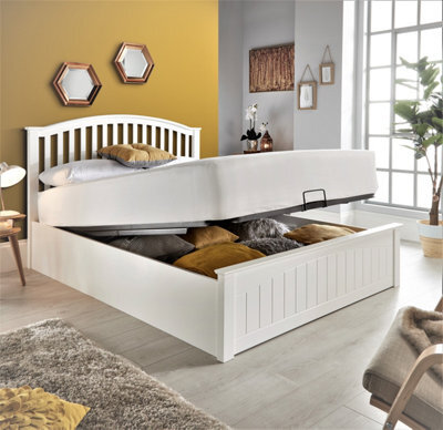 Save On Goods UK 4Ft Small Double White,curved,wood Wooden Ottoman Gas Lift Up Storage Bed Frame - image 1