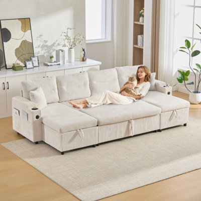Btm 4 Seater Corduroy Sofa Bed, Dual Storage Chaise, Pull Out Sleeper, Usb Ports And Cup Holders, Beige - image 1