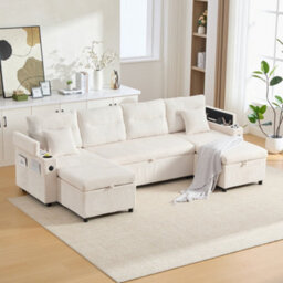 Btm 4 Seater Corduroy Sofa Bed, Dual Storage Chaise, Pull Out Sleeper, Usb Ports  And Cup Holders, Beige - thumbnail 4