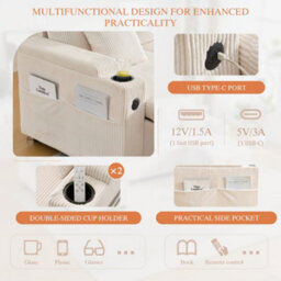 Btm 4 Seater Corduroy Sofa Bed, Dual Storage Chaise, Pull Out Sleeper, Usb Ports  And Cup Holders, Beige - thumbnail 9