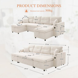 Btm 4 Seater Corduroy Sofa Bed, Dual Storage Chaise, Pull Out Sleeper, Usb Ports  And Cup Holders, Beige - thumbnail 3