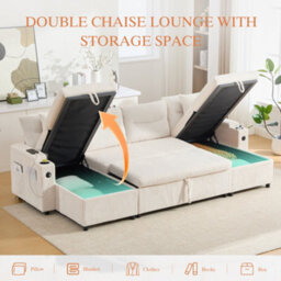Btm 4 Seater Corduroy Sofa Bed, Dual Storage Chaise, Pull Out Sleeper, Usb Ports  And Cup Holders, Beige - thumbnail 5