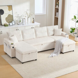 Btm 4 Seater Corduroy Sofa Bed, Dual Storage Chaise, Pull Out Sleeper, Usb Ports  And Cup Holders, Beige - thumbnail 2