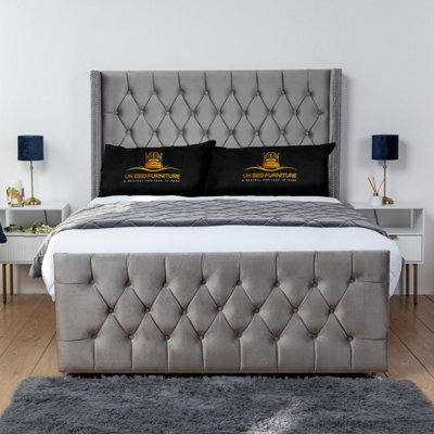 UKBEDFURNITURE Emily Grey Plush Wingback Divan Bed Base With 54 Inch Headboard & 10 Inch Orthopaedic Mattress - No Storage - image 1