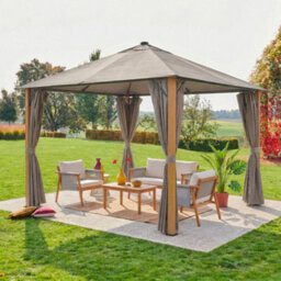 Sweeek - Aluminum Gazebo 3X3M With Wood Effect, Curtains, And Led Beige - Veluna - thumbnail 1