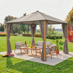 Sweeek - Aluminum Gazebo 3X3M With Wood Effect, Curtains, And Led Beige - Veluna - thumbnail 3