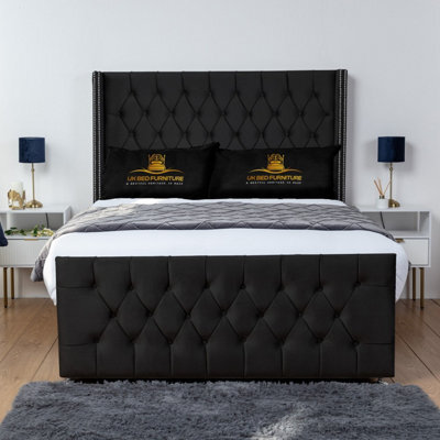 UKBEDFURNITURE Emily Black Plush Wingback Divan Bed Base With 54 Inch Headboard - No Storage - image 1