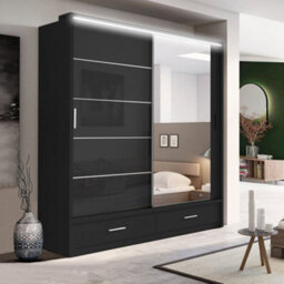 RAC3 Sliding Wardrobe Led Mirror Space Saving Bedroom Wardrobe, Contemporary Bedroom Sliding Wardrobe & Mirror Wardrobe (Black 205) - thumbnail 1