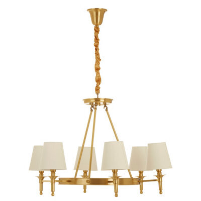 Orsina Elegant 6 Arm Gold Ceiling Light With Linen Shades, Brass Frame Hotel Style Pendant Light, Lighting Fixture - image 1