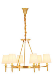 Orsina Elegant 6 Arm Gold Ceiling Light With Linen Shades, Brass Frame Hotel Style Pendant Light, Lighting Fixture - thumbnail 2