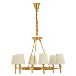 Orsina Elegant 6 Arm Gold Ceiling Light With Linen Shades, Brass Frame Hotel Style Pendant Light, Lighting Fixture