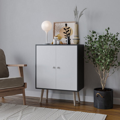 Urbn-Living Urbnliving 60Cm Height 2 Tier Black Wooden Bookcase With White Door Scandinavian Style Pine Legs Bedroom Shelf - image 1