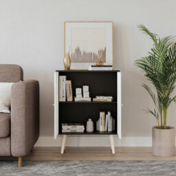 Urbn-Living Urbnliving 60Cm Height 2 Tier Black Wooden Bookcase With White Door Scandinavian Style Pine Legs Bedroom Shelf - thumbnail 2