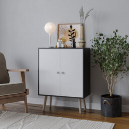 Urbn-Living Urbnliving 60Cm Height 2 Tier Black Wooden Bookcase With White Door Scandinavian Style Pine Legs Bedroom Shelf
