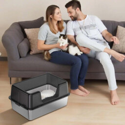 London Boutique 50X35X28Cm Stainless Steel Cat Litter Tray, Semi Enclosed High Sided Metal Cat Toilet, Removable Lid, Black - thumbnail 7