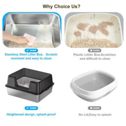 London Boutique 50X35X28Cm Stainless Steel Cat Litter Tray, Semi Enclosed High Sided Metal Cat Toilet, Removable Lid, Black - thumbnail 6