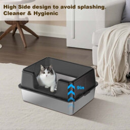 London Boutique 50X35X28Cm Stainless Steel Cat Litter Tray, Semi Enclosed High Sided Metal Cat Toilet, Removable Lid, Black - thumbnail 5