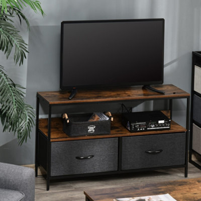 Homcom Tv Cabinet, Tv Console Unit With 2 Foldable Linen Drawers Rustic Brown - image 1