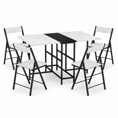 White Marble 5 Piece Folding Dining Table And Chairs Set Drop Leaf Space Saving Small Kitchen - image 1