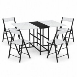 White Marble 5 Piece Folding Dining Table And Chairs Set Drop Leaf Space Saving Small Kitchen - thumbnail 1