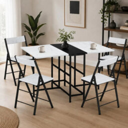 White Marble 5 Piece Folding Dining Table And Chairs Set Drop Leaf Space Saving Small Kitchen - thumbnail 2