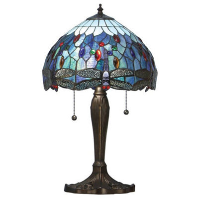 Luminosa Lighting Luminosa Dragonfly 2 Light Small Table Lamp Dark Bronze, Blue, Tiffany Style Glass, E27 - image 1