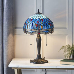 Luminosa Lighting Luminosa Dragonfly 2 Light Small Table Lamp Dark Bronze, Blue, Tiffany Style Glass, E27 - thumbnail 2