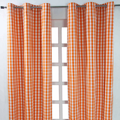 Homescapes Cotton Orange Block Check Gingham Eyelet Curtains 117 X 137 Cm - image 1