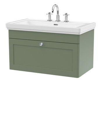 Balterley Swynnerton Traditional 1 Drawer Wall Hung Vanity Unit With Basin, Satin Green, 800mm - image 1