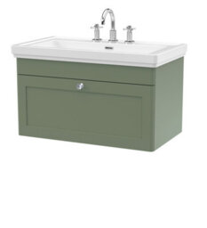 Balterley Swynnerton Traditional 1 Drawer Wall Hung Vanity Unit With Basin, Satin Green, 800mm - thumbnail 1