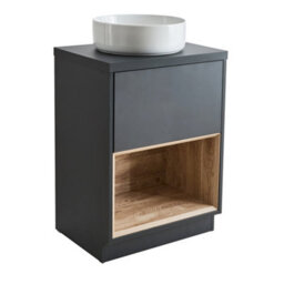 Homestylestore Black Grey 600mm Bathroom Vanity Unit Open Shelf With Round Countertop Basin - thumbnail 1