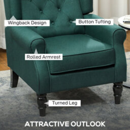 Homcom Accent Chair Wingback Armchair Tufted Club Wood Fabric, Dark Green - thumbnail 4