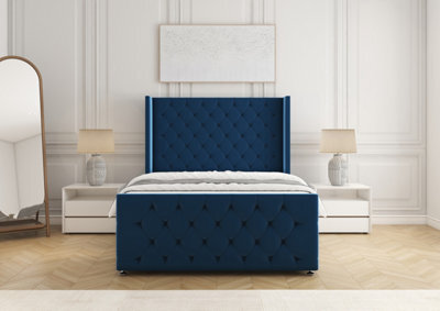 "Bsspoke Divan Bed Set Blue Velvet With 54Inch Wingedback Headboard & 20"" Footboard & Mattress No Drawers 3Ft 4Ft 4Ft6 5Ft 6Ft" - image 1