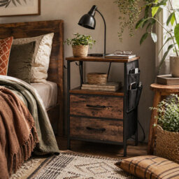 Wyld Haus Yoroma Rustic Brown Bedside Table With Built-In Charging Ports, 2 Drawers, 40 X 30 X 60 Cm