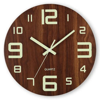 12 Inch Rown Modern Round Luminous Wood Silent Wall Clock - image 1