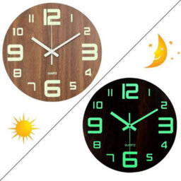 12 Inch Rown Modern Round Luminous Wood Silent Wall Clock - thumbnail 2